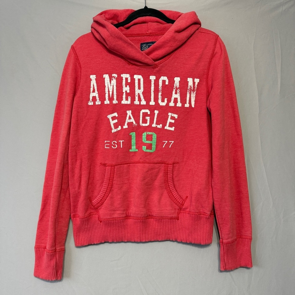 American Eagle Womens Y2K Script Pullover Hoodie Size Large Red Spellout Comfy